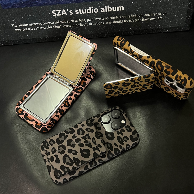 个性豹纹皮质镜子手机壳补妆镜子