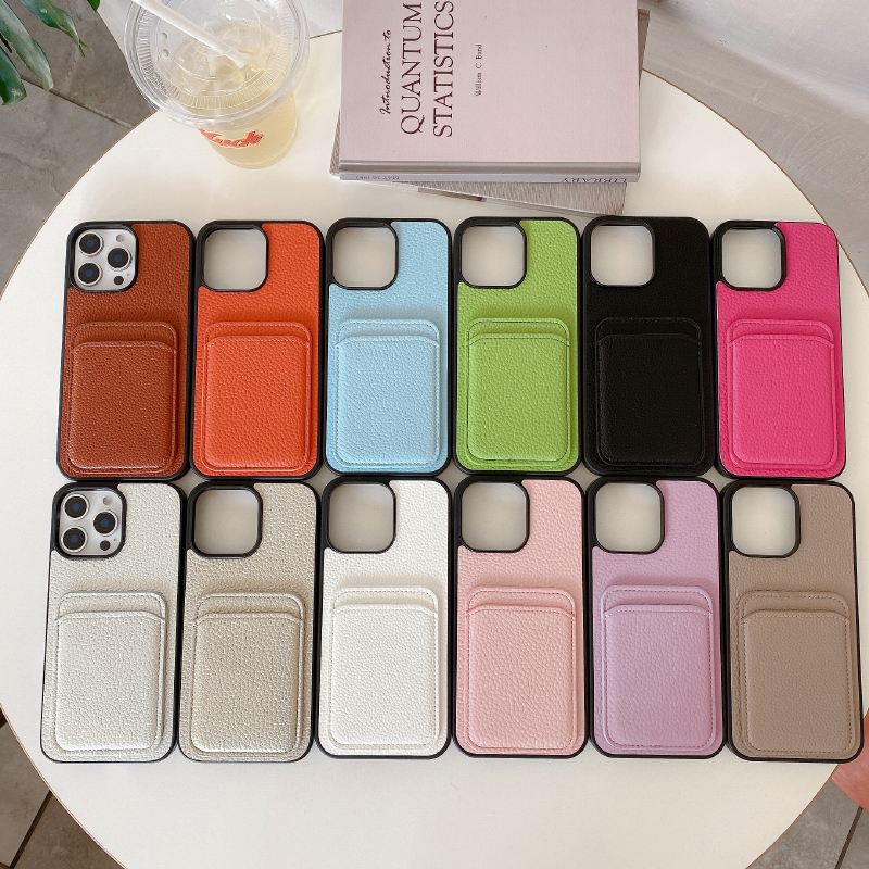 荔枝纹卡包一体iPhone16promax手机壳带小包15plus放卡钱包15pro皮质纯色男女情侣款14全包高级感xs