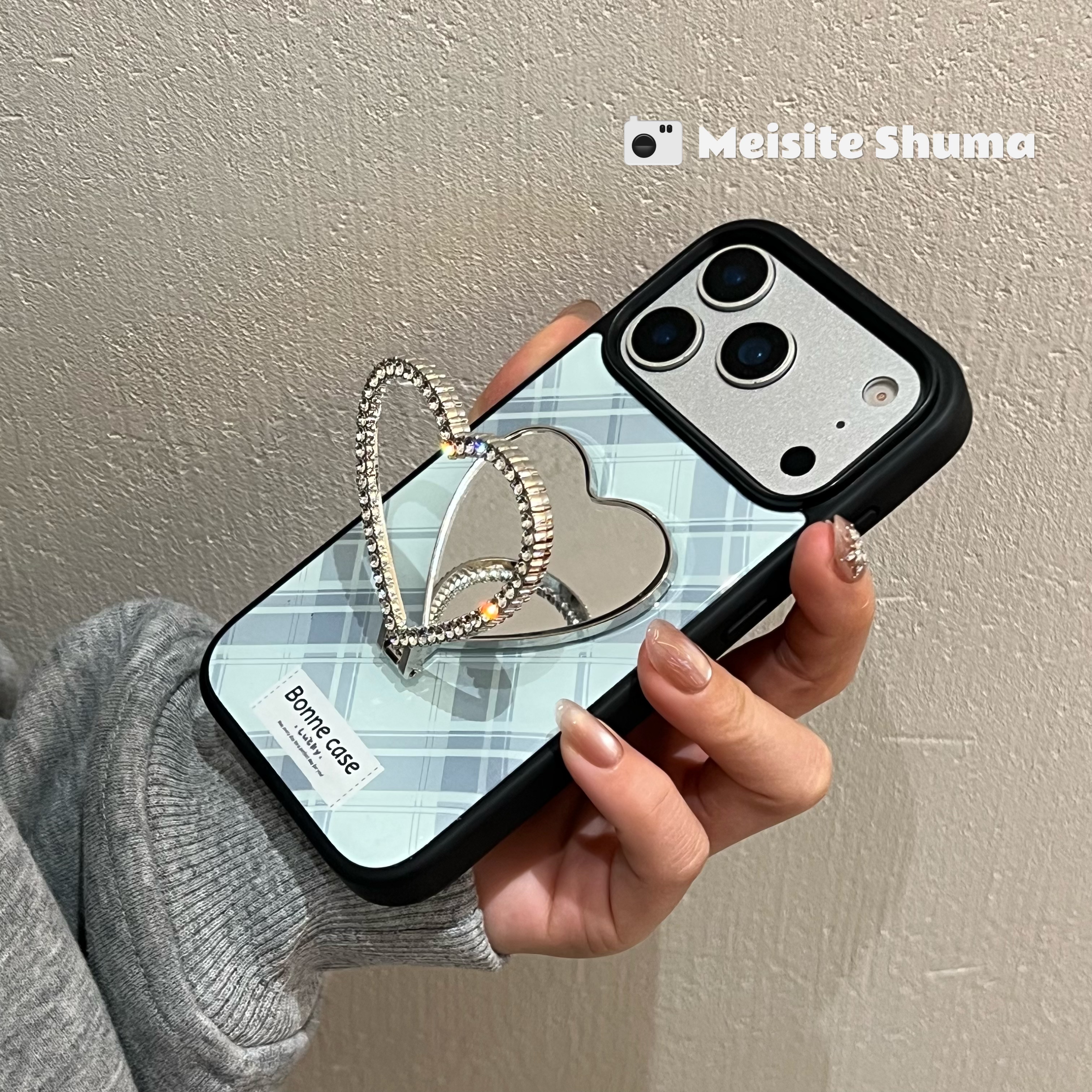 小众ins风格纹字母爱心镜子支架手机壳iPhone16补妆镜子苹果17promax小清新15pro个性14/13新款16promax女款