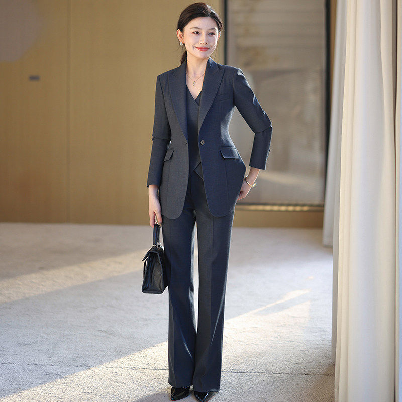 春秋高级深灰色职业西装套装女高端通勤气质工作服外套马甲西服