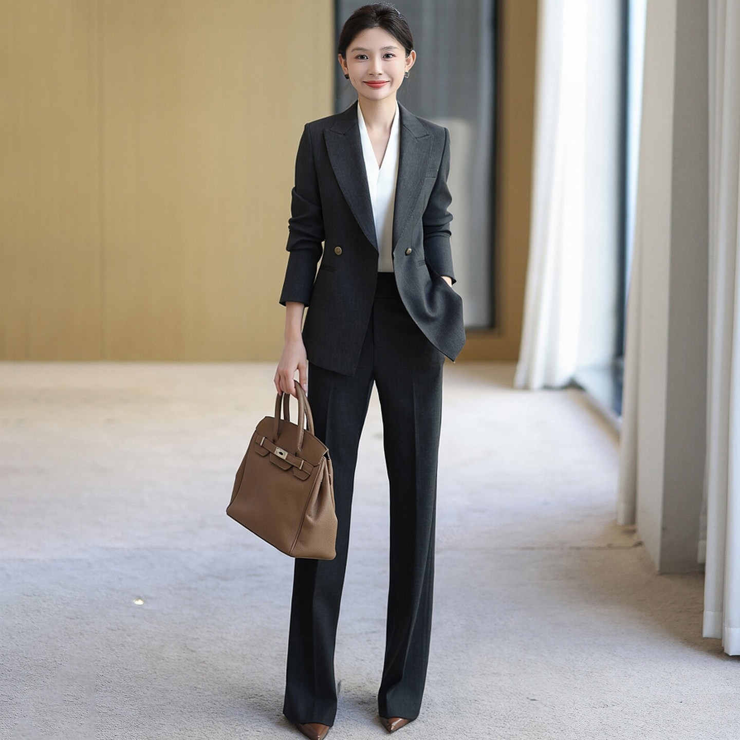 春秋高级羊毛西装套装女黑灰色2026修身商务通勤职业正装气质西服