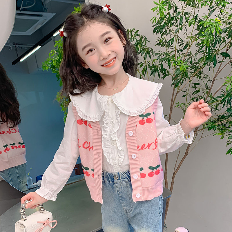 女童秋装针织马甲春秋新款儿童宝宝洋气毛衣背心樱桃加绒V领开衫
