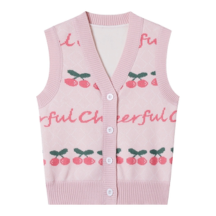 女童秋装针织马甲春秋新款儿童宝宝洋气毛衣背心樱桃加绒V领开衫