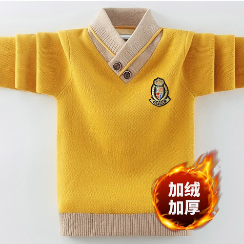 新款假两件加绒加厚针织套头毛衣