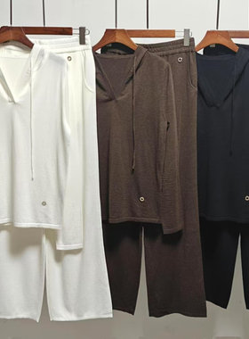独家L*P25夏新款100%羊毛休闲风连帽上衣+阔腿裤套装经典显示百搭