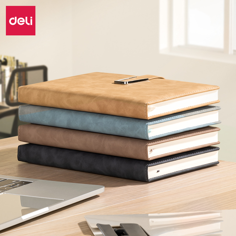 得力加厚带磁扣笔记本本子记事本A5考研笔记考公16K横线课堂文艺商务办公25年新款皮面本会议工作记录128张