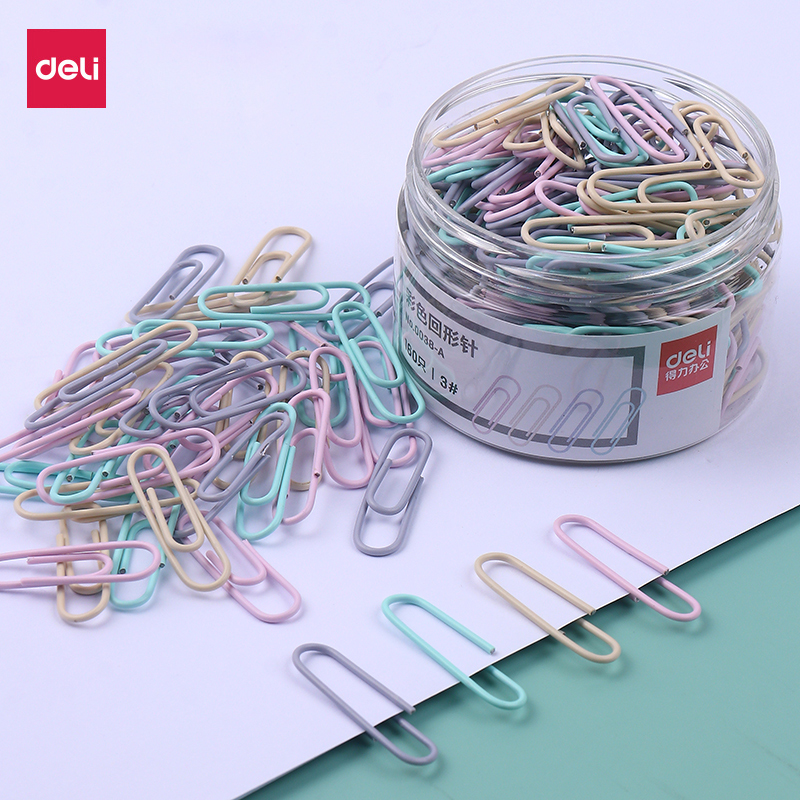 得力回形针曲别针镀镍金属防锈文件彩色可爱回型针创意书签u形大号回旋针收纳盒办公装订文具用品固定衣服