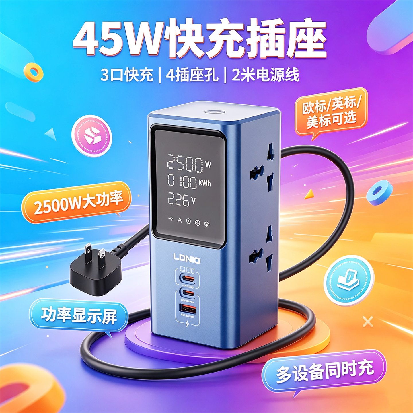 LDNIO/力德诺 SC2充电器带加长2米AC100-240V电压通用欧美电源线图片