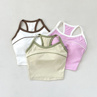 撞色条瑜伽背心女固定胸垫工型美背防震聚拢跑步文胸运动健身内衣