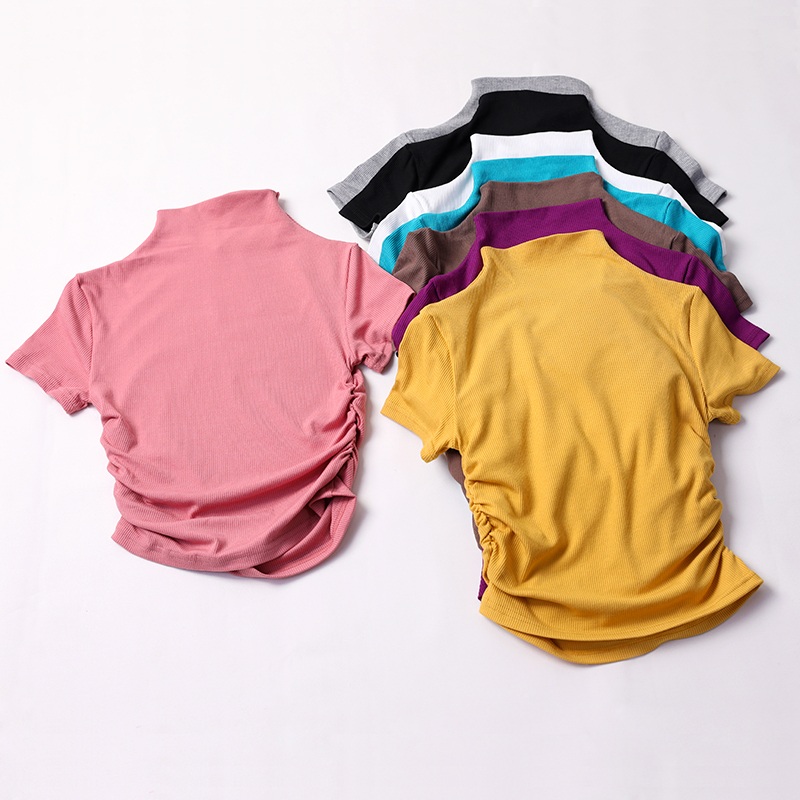 纯欲风辣妹半高领褶皱健身短袖T