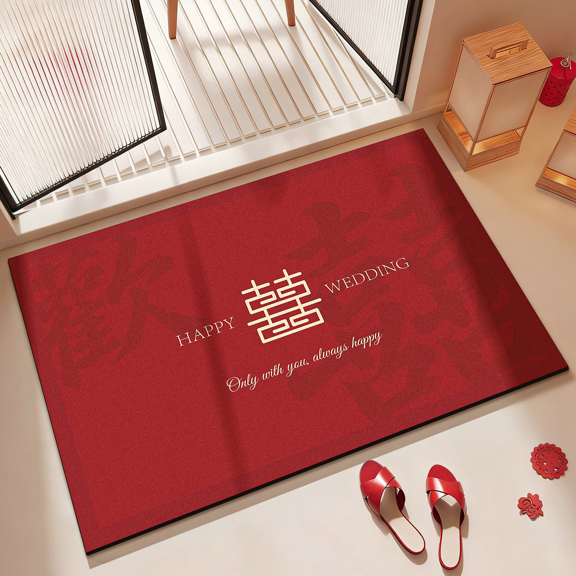 红色结婚浴室地垫喜字卫生间门口吸水防滑脚垫婚房装饰耐脏可裁剪