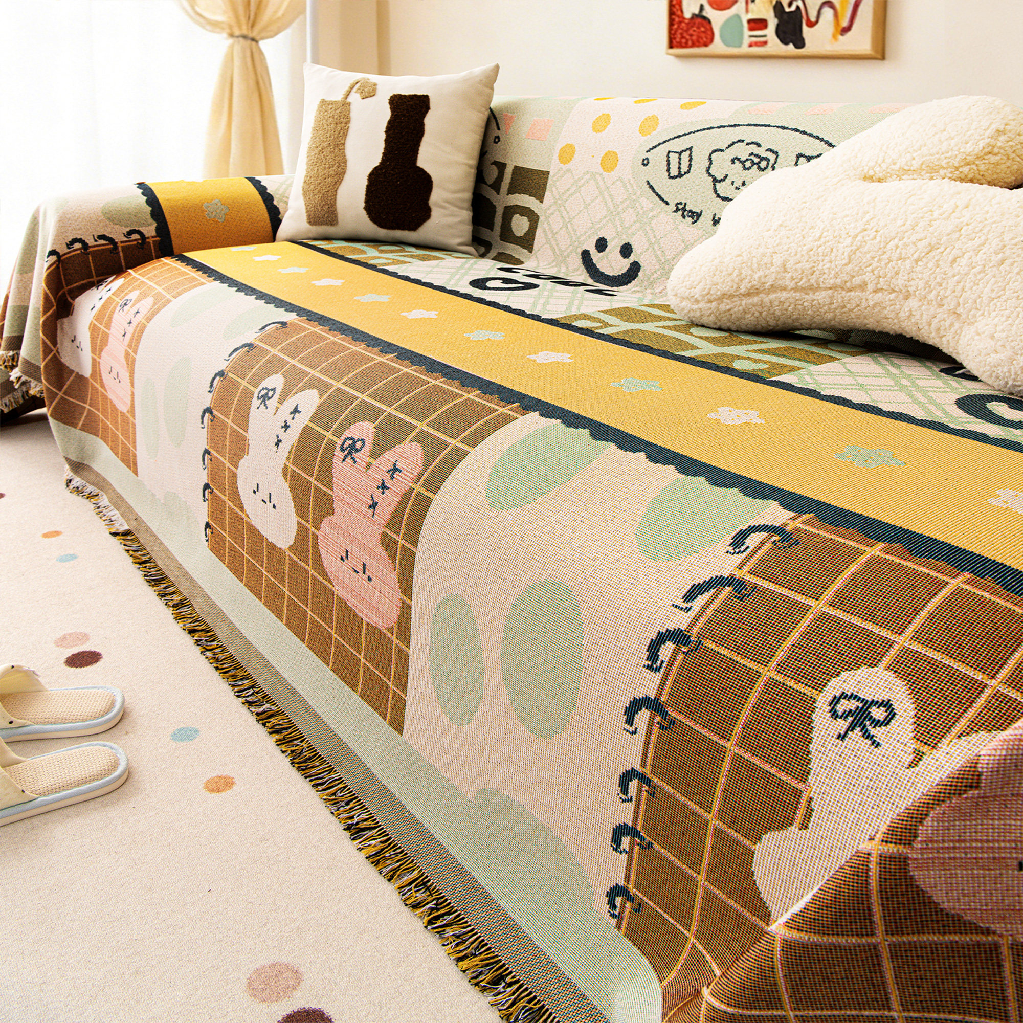 卡通沙发盖布四季通用沙发垫客厅氛围感沙发毯子2026年新款沙发巾