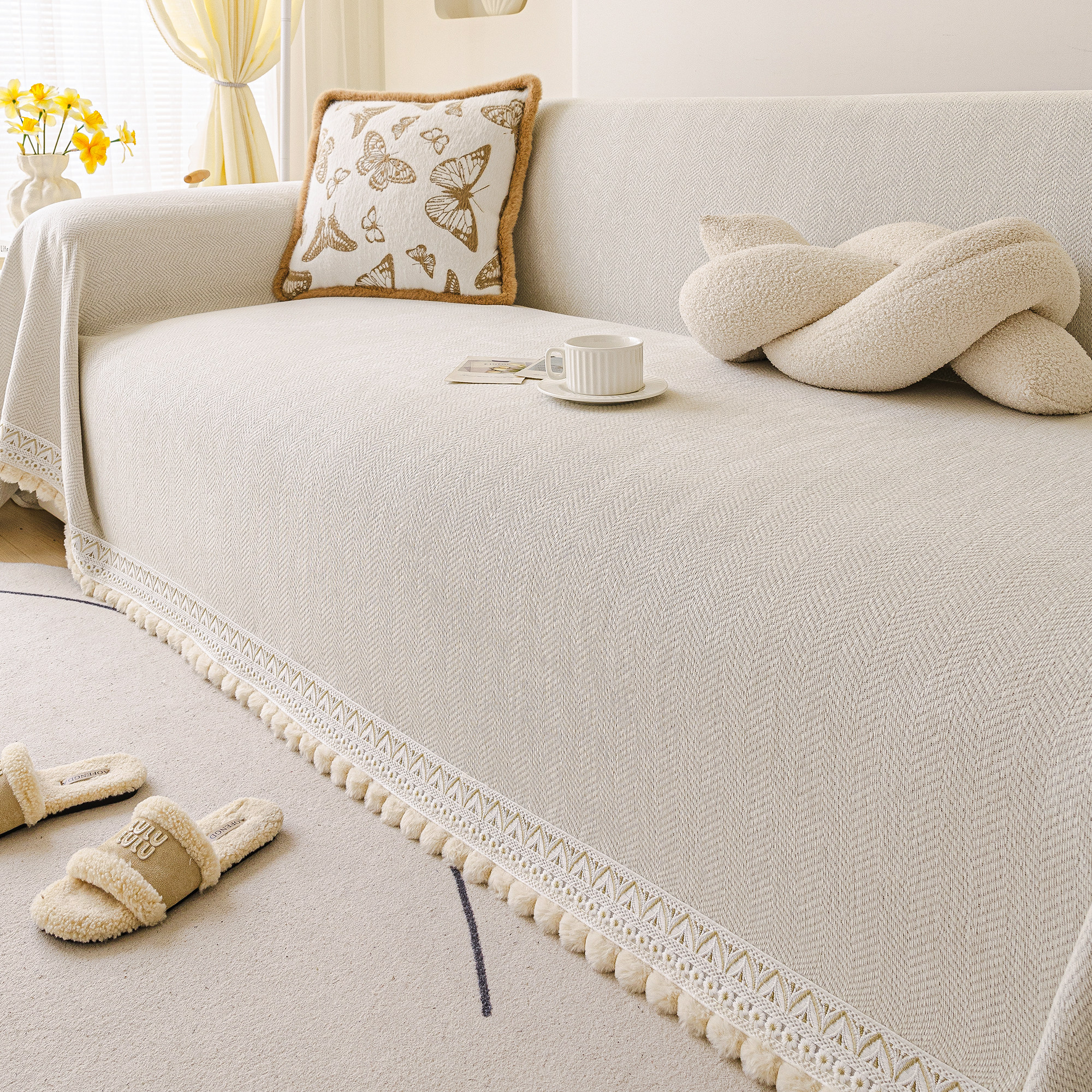 霏彩奶油风沙发巾盖布四季通用防滑防尘防猫抓沙发毯子全包套罩垫