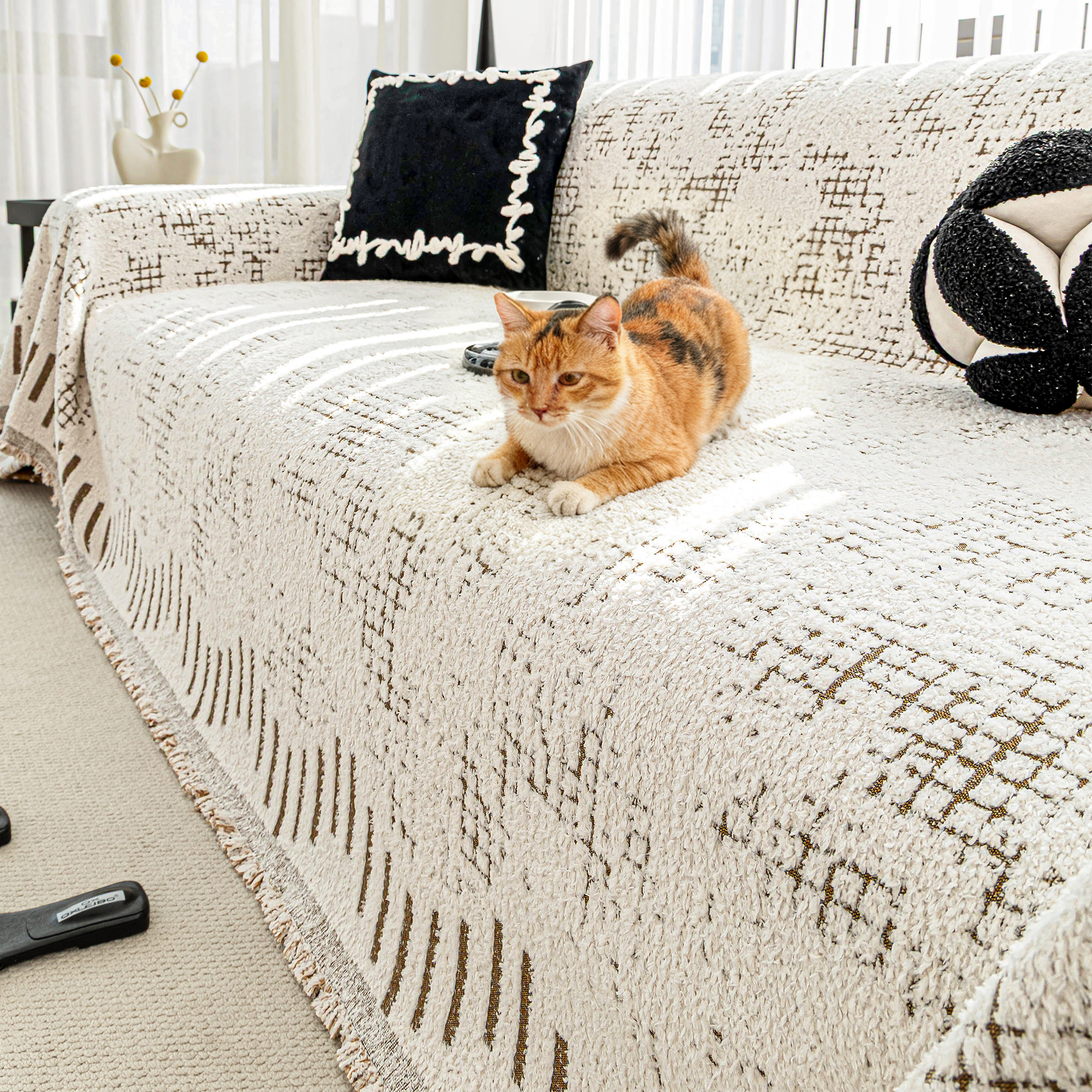 皮沙发垫冬毛绒毯子一片式铺盖