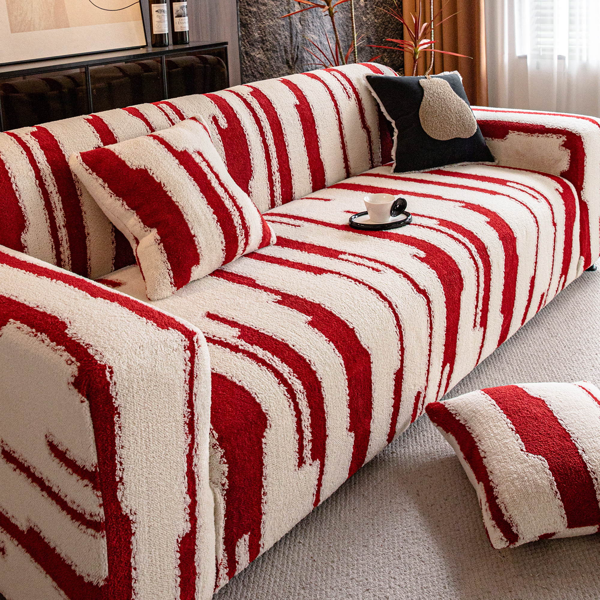 新年圣诞高级感红色弹力沙发套罩