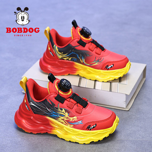 巴布豆童鞋男童2024新款春秋季纽扣皮面防水儿童运动鞋红色跑步鞋
