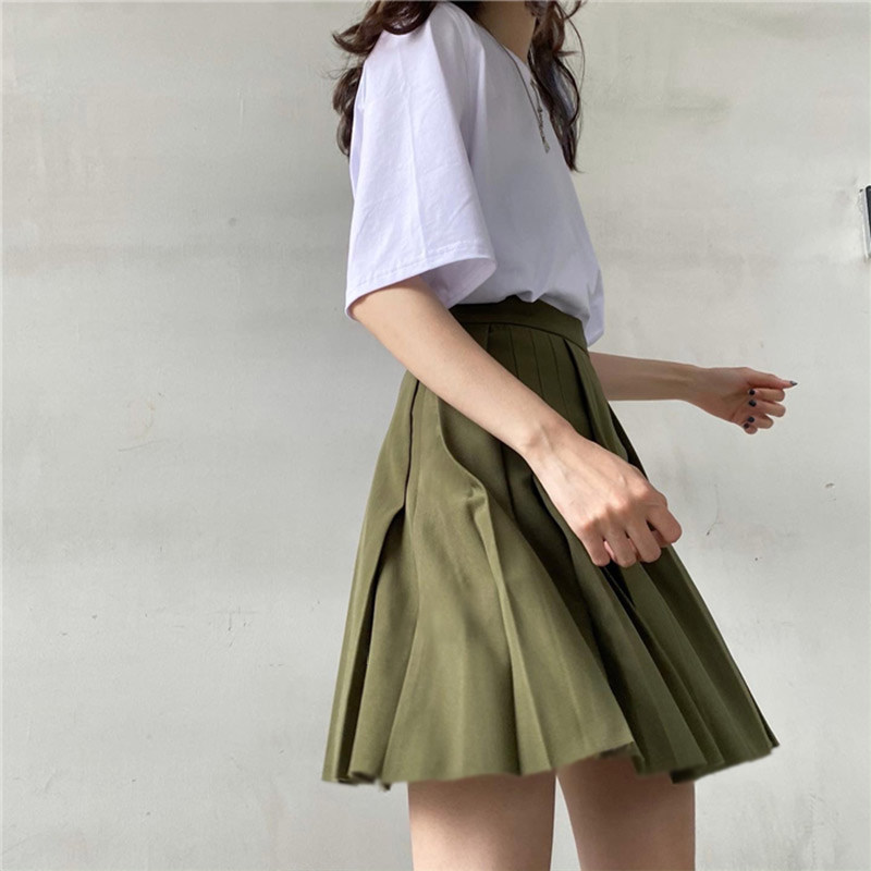 军绿色百褶短裙女薄款防走光内衬2021夏季学院风高腰a字半身裙潮