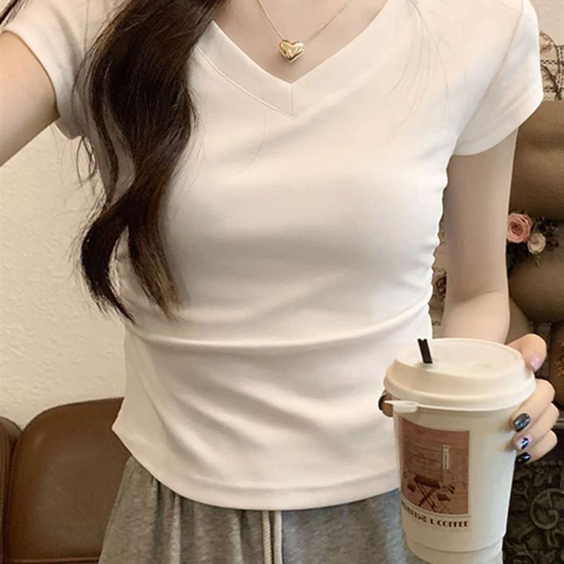白色v领短袖t恤女2025新款夏季修身紧身短款显瘦小个子甜辣小上衣