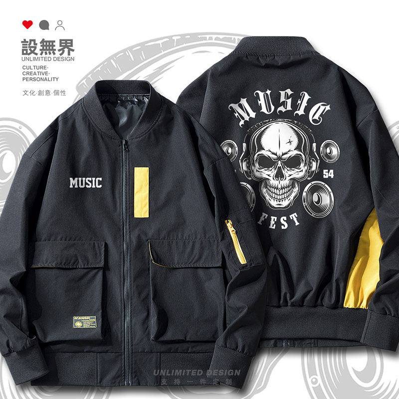 设无界摇滚音乐标志骷髅头耳机PUNK街头达人夹克男女工装潮衣服