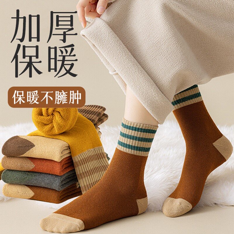棉袜子女冬季加绒加厚毛巾袜条纹美拉德保暖复古民族风秋冬中筒袜