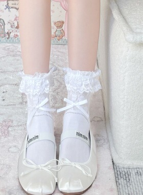 miu系白色花边袜子女韩系芭蕾风春夏季薄款纯棉jk中筒堆堆短筒