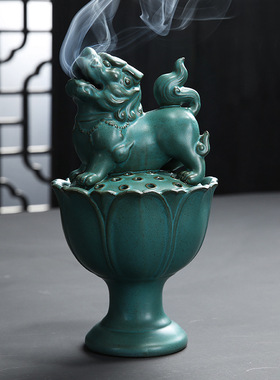 家用佛堂香炉陶瓷禅意莲花狮炉香薰炉室内净化空气仿古檀香盘香炉