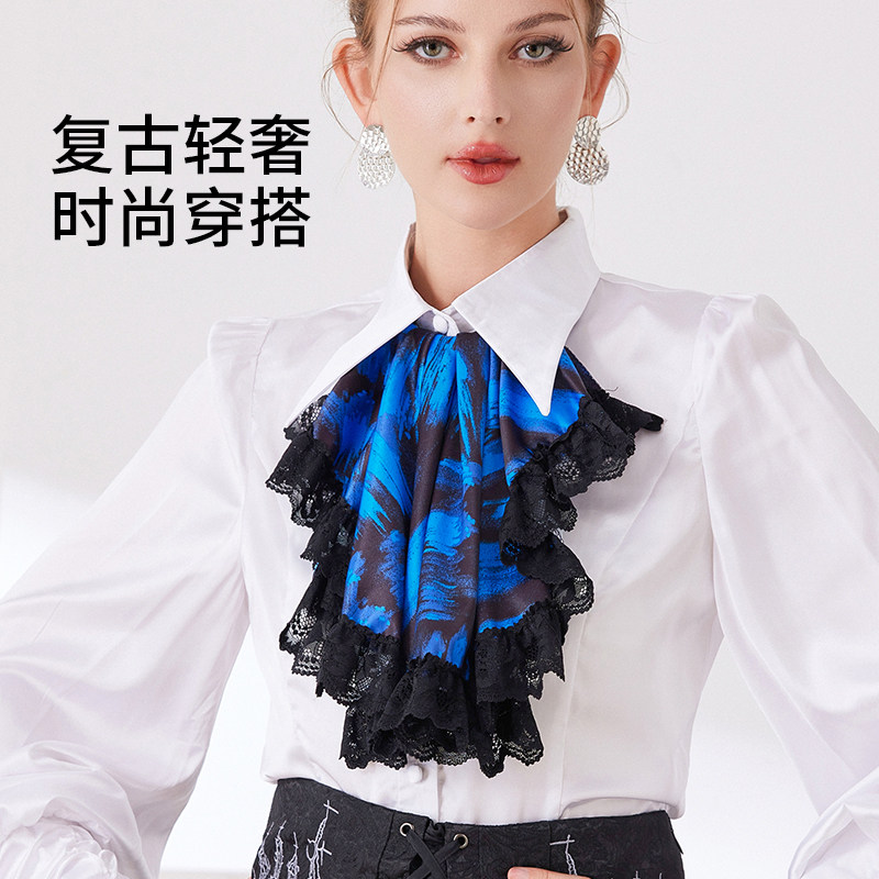 欧式蓝色蕾丝宫廷假领围脖女士时尚百搭休闲装饰领巾日常穿搭假领