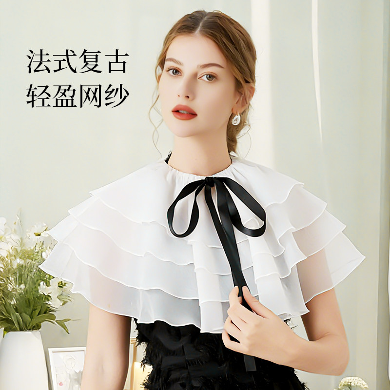 甜酷少女风法式斗篷假领黑白撞色系带搭配礼服长裙百搭装饰假衣领