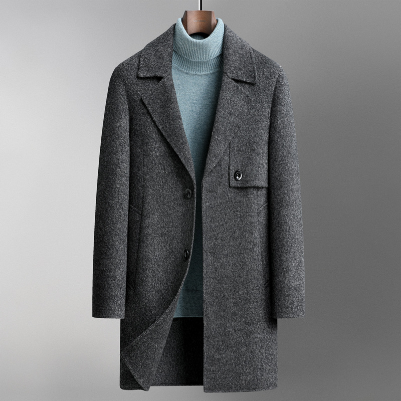 男式商务休闲保暖双面呢外套中长款秋冬翻领羊驼毛大衣男羊毛风衣