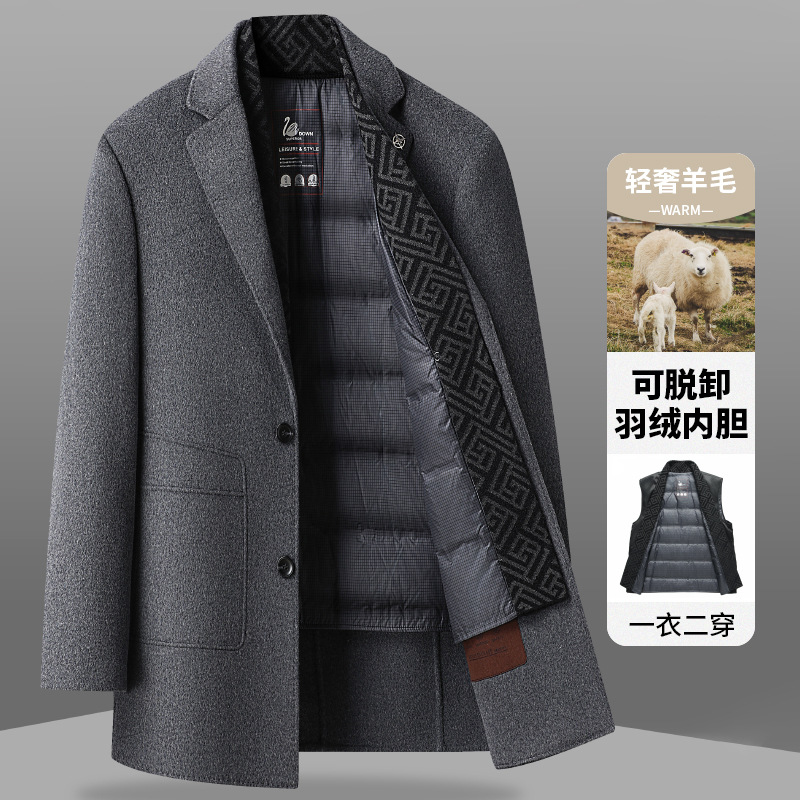 男士双面呢大衣冬季新款围巾领羽绒内胆羊毛呢子衣中长款休闲外套