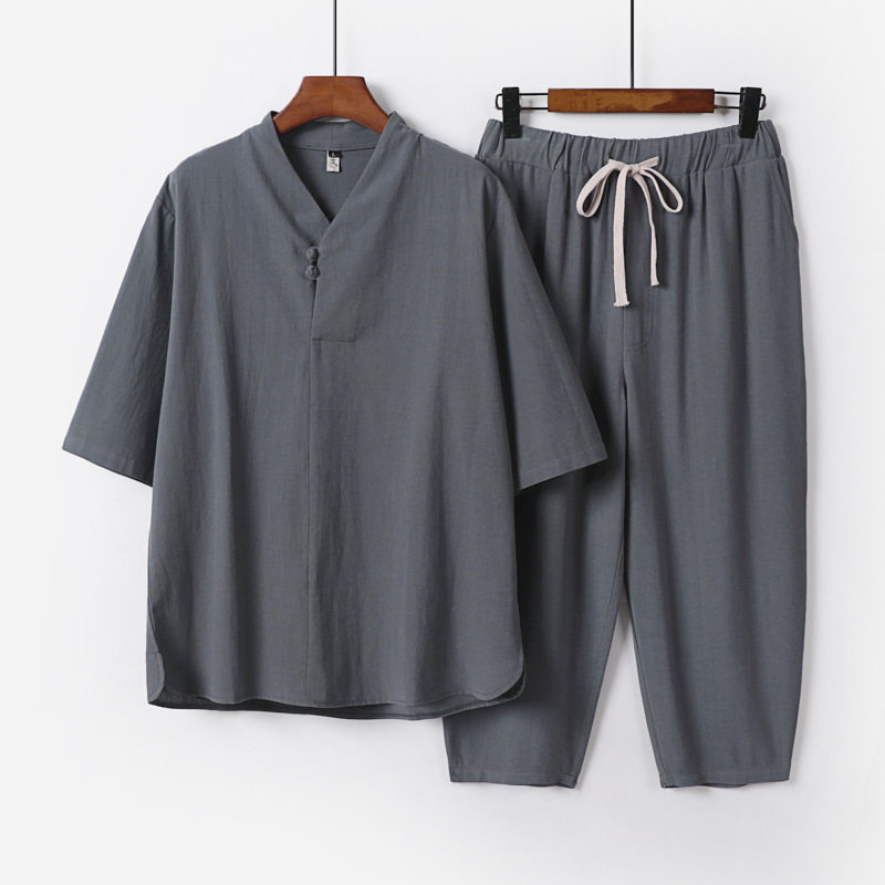 夏季中国风棉麻短袖体恤套装男唐装大码汉服居士服亚麻半袖九分裤