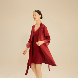 SLKMRKT乃丝红色新中式 春秋桑蚕丝结婚家居服 本命年真丝睡衣套装