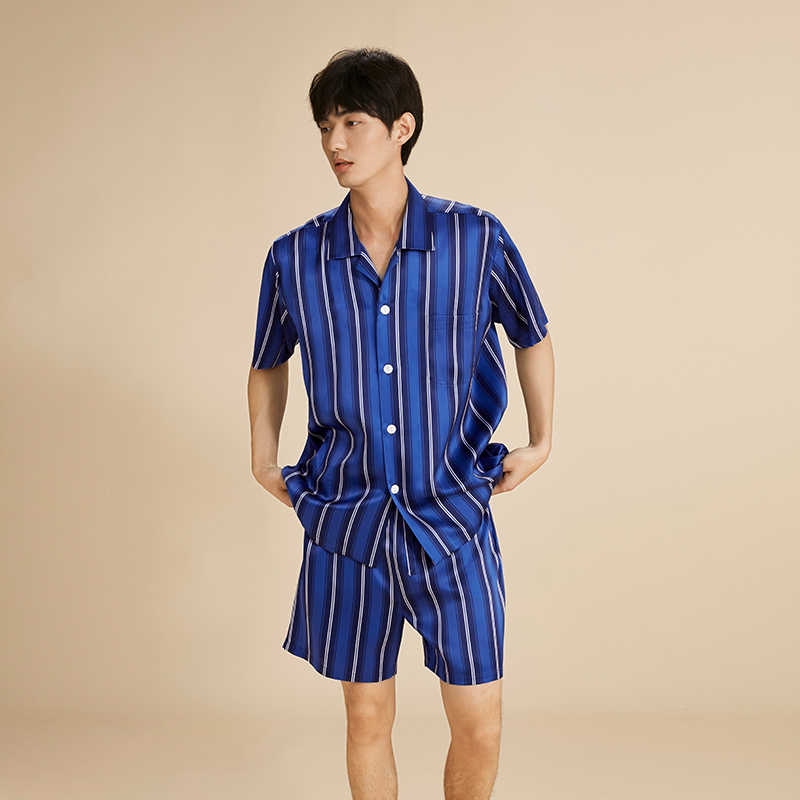 真丝睡衣男短袖短裤条纹蚕丝套装