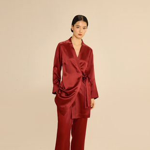 SLKMRKT乃丝真丝睡衣套装 女桑蚕丝结婚新婚家居服春秋本命年红色