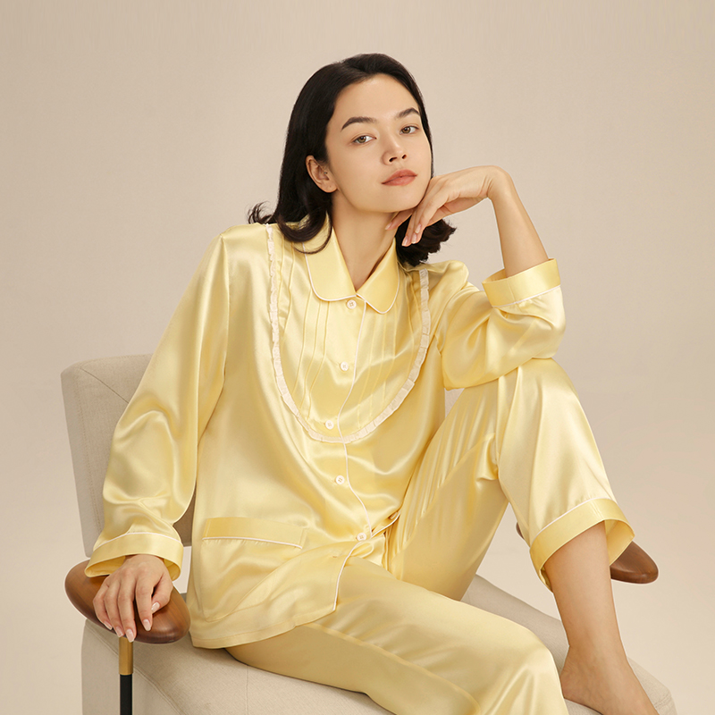 SLKMRKT乃丝秋冬新款娃娃领花边纯色真丝睡衣桑蚕丝居家服两件套