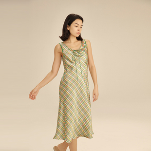 SLKMRKT乃丝真丝吊带睡裙夏季 家居服100%桑蚕丝高级感格纹睡衣