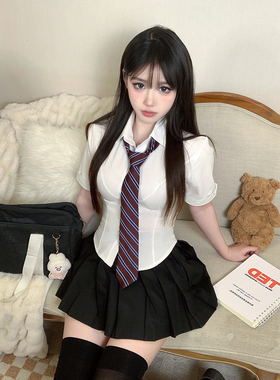 LF原创JK制服纯欲风辣妹性感弹力收腰衬衫学院风修身显瘦短裙套装