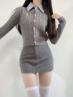 针织衫 修身 jk刺绣制服外套秋冬 毛衣学院风麻花短款 LF原创圆领开衫