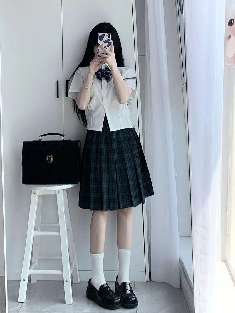 LF原创优等生墨绿色高腰半身格裙