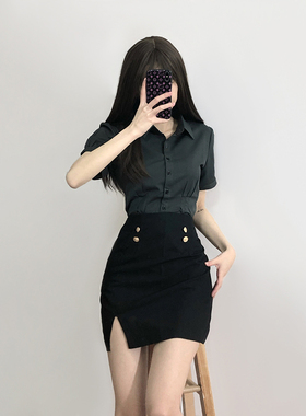 LF原创收腰JK制服套装学院风辣妹纯欲风修身深灰色衬衫韩式包臀裙