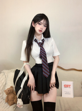 LF原创JK制服纯欲风辣妹收腰衬衫美式学院风百搭39短裙套装白衬衣