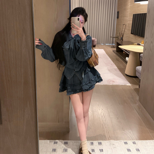 百褶裙短裙两件套潮 miu系减龄气质天丝牛仔蝴蝶结衬衣女秋夏新款