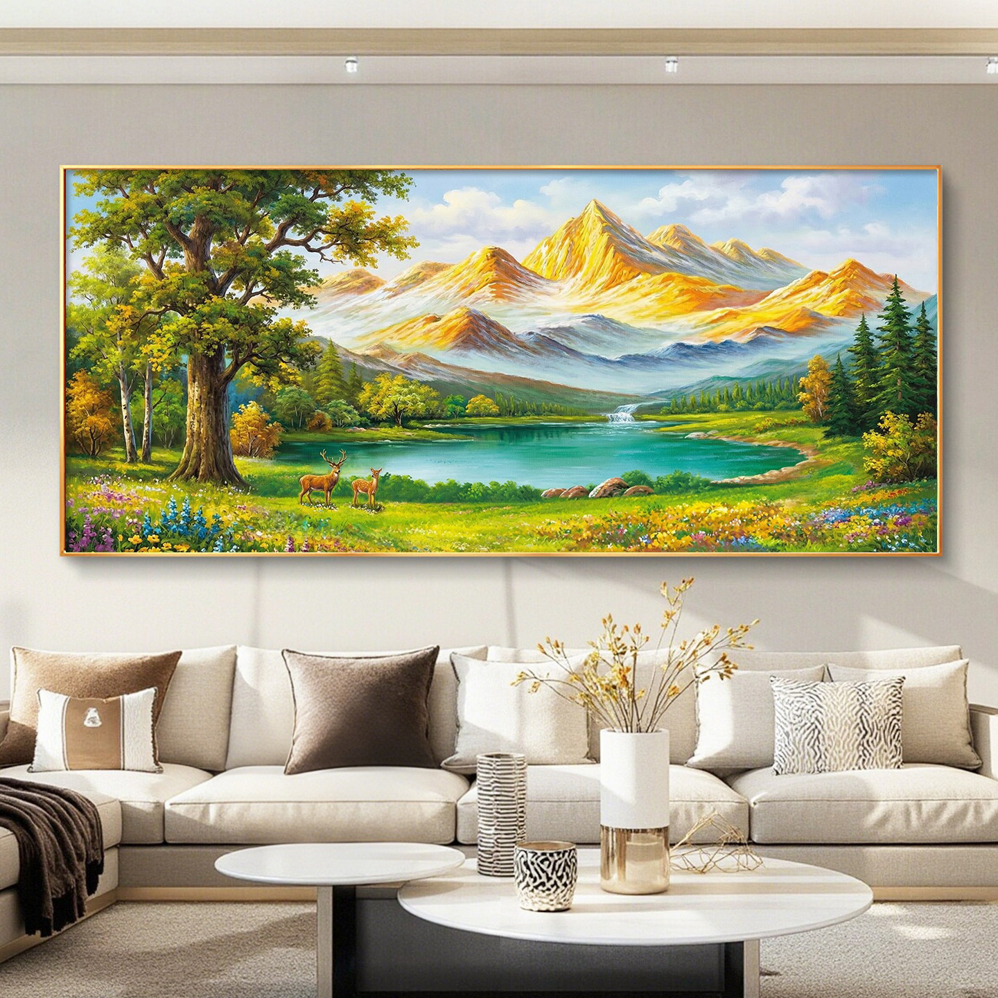聚宝盆山水画靠山图客厅挂画轻奢高级感沙发背景墙装饰画风景壁画