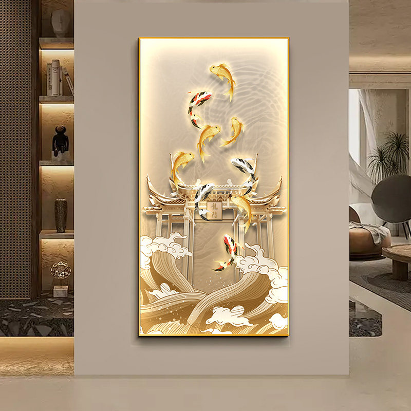 鲤鱼跃龙门走廊过道挂画轻奢高级感入户LED灯画九鱼图玄关装饰画
