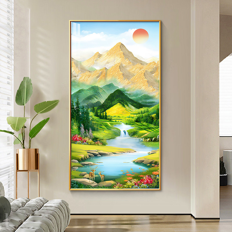 流水生财山水风景挂画聚宝盆进门入户玄关装饰画客厅正对门墙壁画