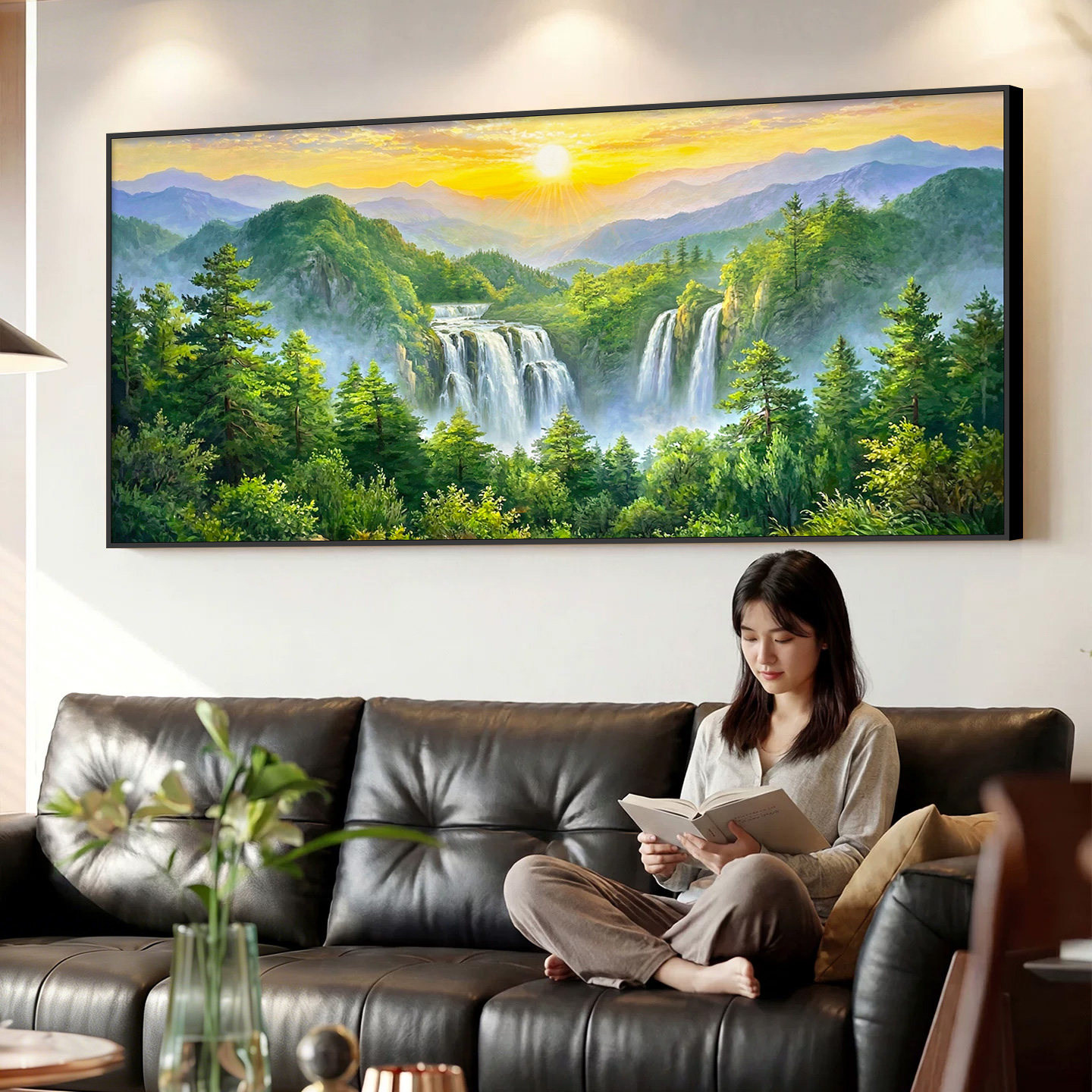 现代客厅山水画旭日东升流水生财挂画沙发背景墙风水聚宝盆装饰画