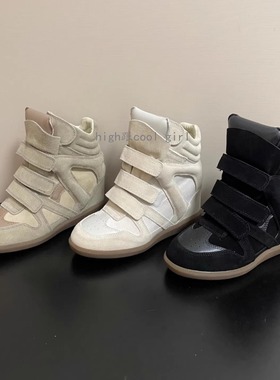 高定 小众复古真皮厚底6cm内增高高帮运动鞋女百搭魔术贴休闲短靴