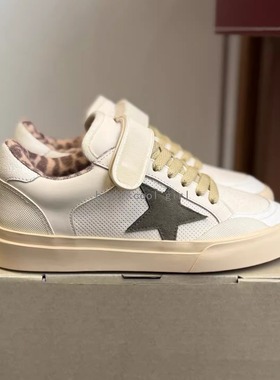 复古做旧星星魔术贴板鞋女豹纹绒里真皮透气厚底百搭休闲运动鞋潮