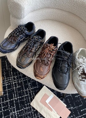 新款真皮擦色做旧运动鞋男女阿甘联名德训鞋双色鞋带复古老爹鞋潮