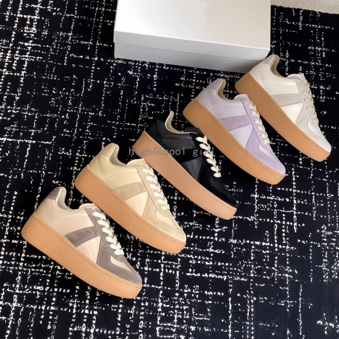 真皮复古厚底德训鞋女增高小白鞋